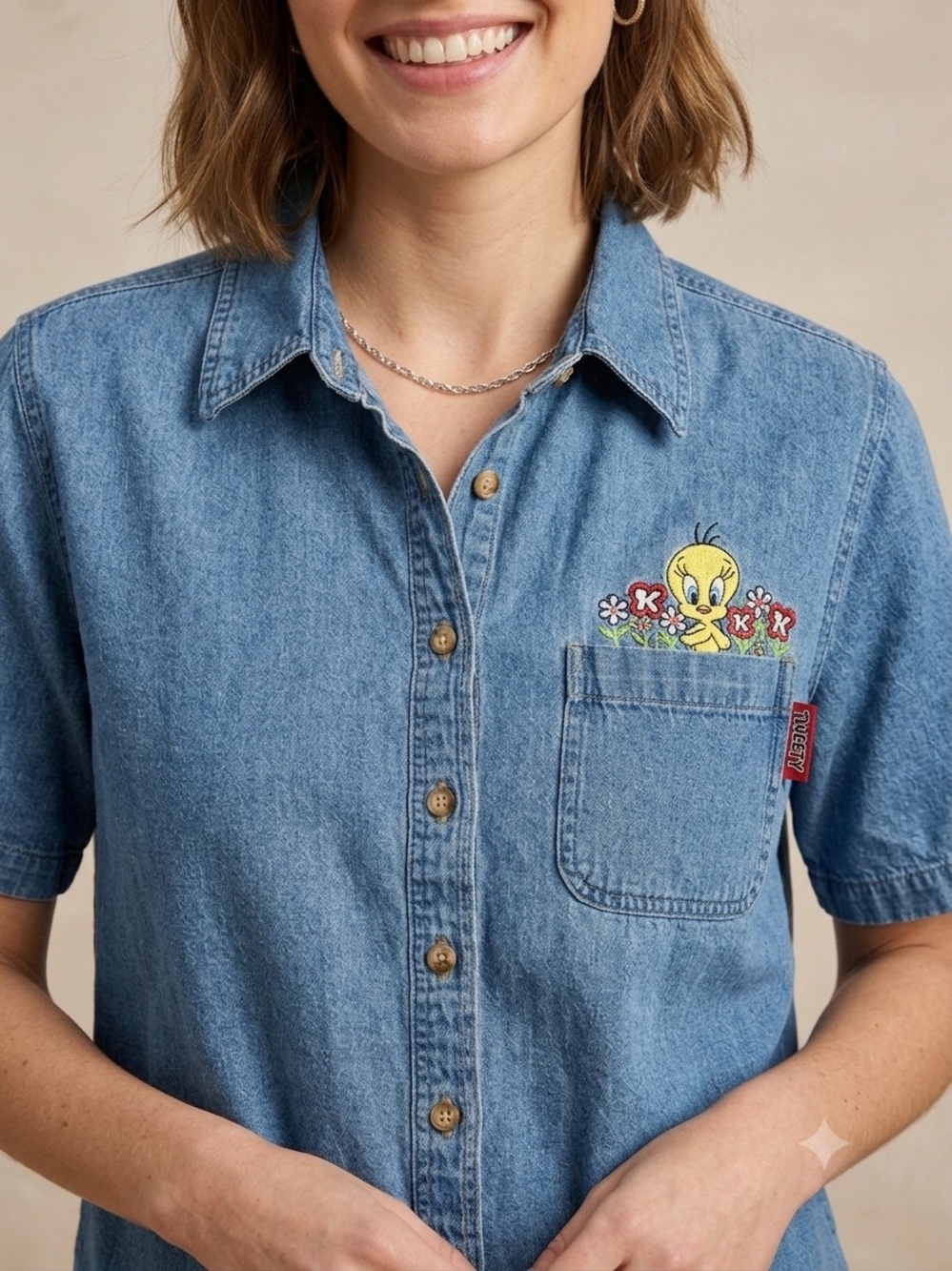 Vintage 90s Looney Tunes Tweety Bird Denim Button Up Short Sleeve Shirt Size 18
